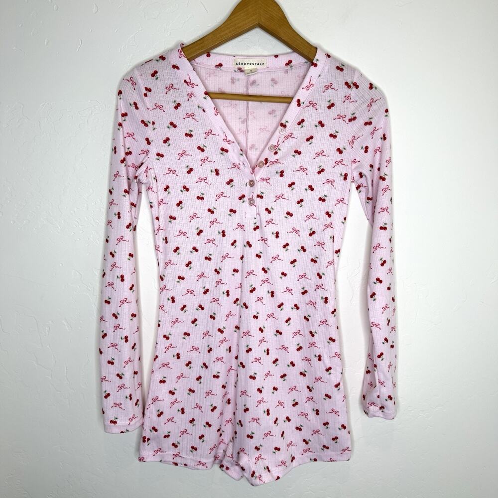 Aeropostale Ribbed Cherry Print Sleep Romper Womens Small Pink Long Sleeve